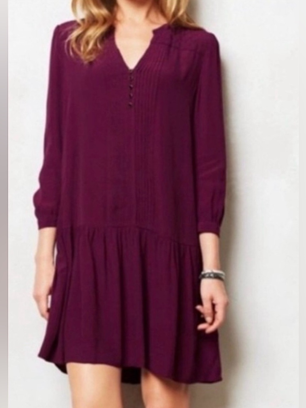 Anthropologie Maeve Galina Pin Tuck Drop Waist Pleated Mini NWOT Plum Size M